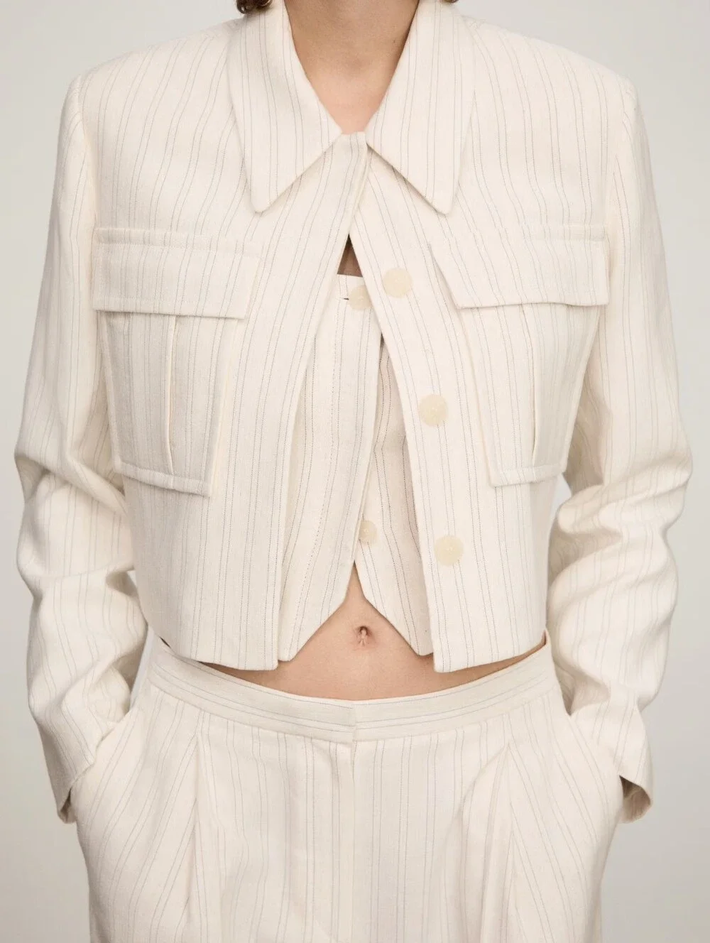 Mango 3 Piece Set Jacket And Vest And Cream Wide-Leg High-Waist Pants